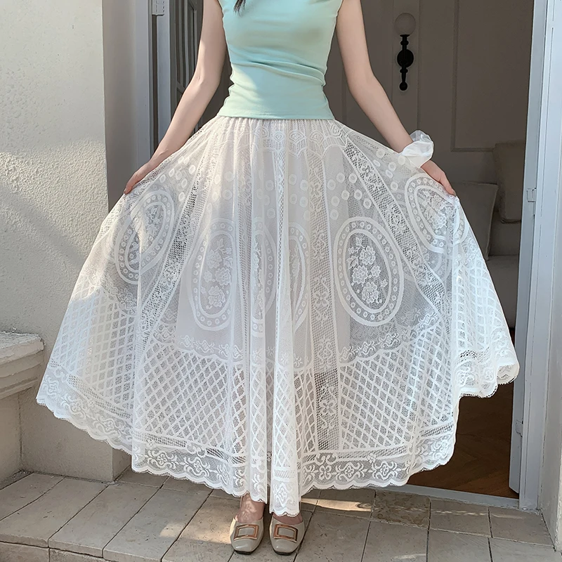 

Ретро-юбка миди с кружевом и тюлевой подкладкой, расклешенная, винтажный дизайн, средняя талия, свободный крой