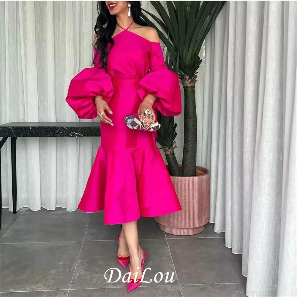 

Fuchsia Elegant Short Halter Taffeta Evening Dresses Puffy Sleeve Mermaid Tea Length Ruffle Prom Dresses for Women فساتين السهرة