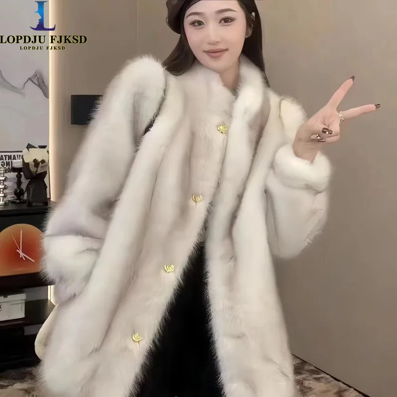 Single Breasted Fox Fur Coats for Women, Korean Female Overcoat,O-Neck, Loose, Thicken Warm Long Clothes, Winter Tops, New