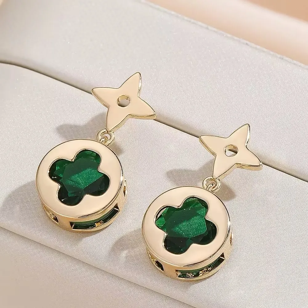Elegant Star Clover Drop Earrings for Women, Gold Plated CZ Dangle Earrings, Luxury Daily Party Wedding Jewelry Gift