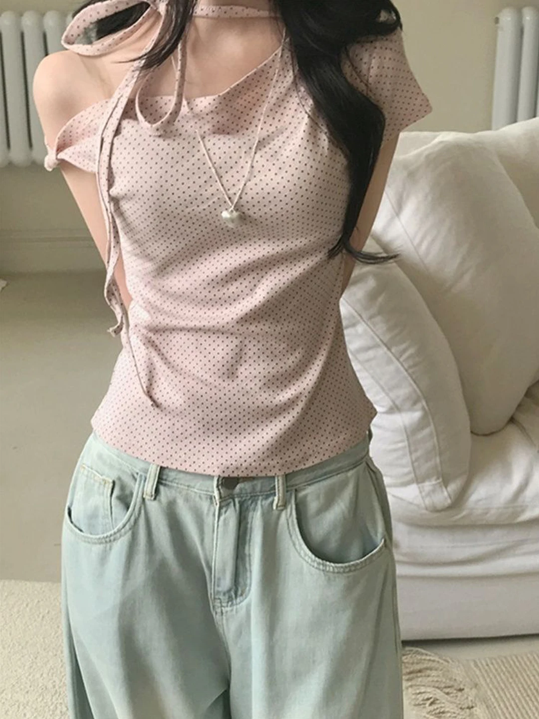 

Sweet Polka Dot Asymmetrical oulder ort Sve T-irt Women's Summer New Sle Slimming Waist Cinched Belted Top