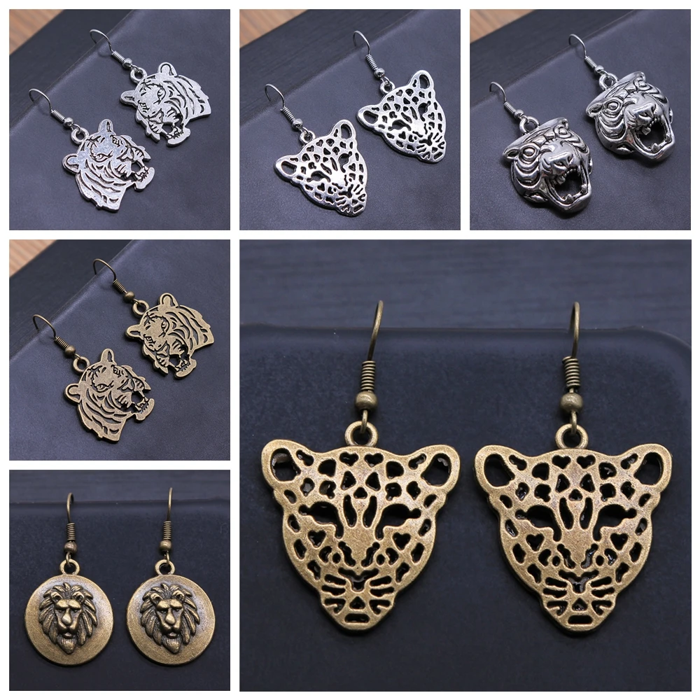 Animal Dangle Earring Vintage Antique Silver Color Antique Bronze Color Tiger Leopard Lion Head Pendant Drop Earrings