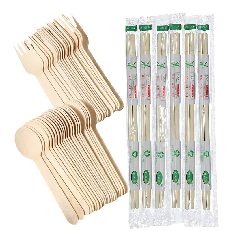 Juego de 50 piezas de vajilla de madera desechable, palillos, cuchara, tenedor, vajilla para fiestas y festivales, utensilios de cocina portátiles para exteriores TMZ