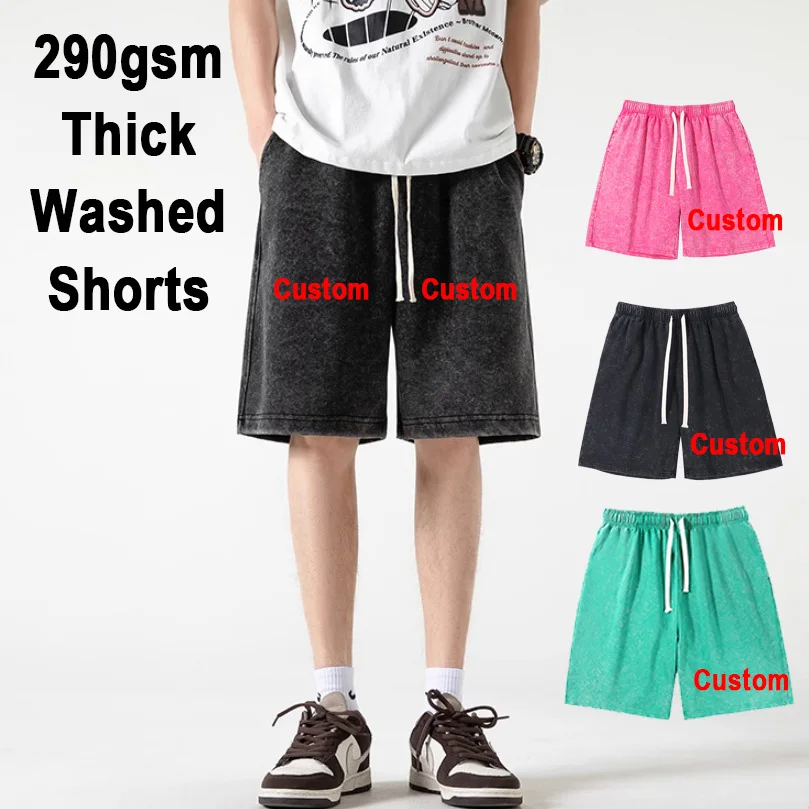 Custom LOGO DIY 290gsm Thick Qulity Gothic Washed Men Solid Color Shorts Plus Size Hip Hop Summer Casual Male Knee Length Short