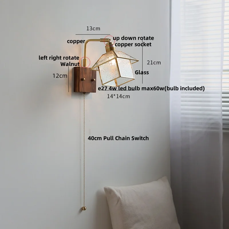 IWHD Vintage Rotatable LED Wall Lamp Sconce Hallway Porch Copper Walnut Blue Glass Loft Pull Chain Switch Bathroom Mirror Light