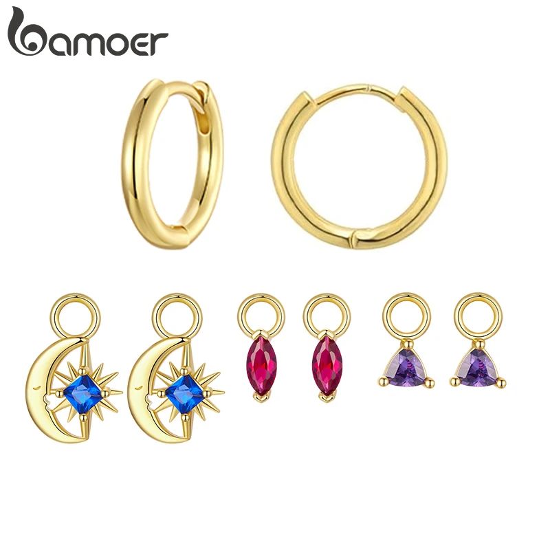 BAMOER Gold Plated Huggie Earrings and Charm Set for Women, Mix and Match Earring Pack with Cubic Zirconia Star Boho Charms