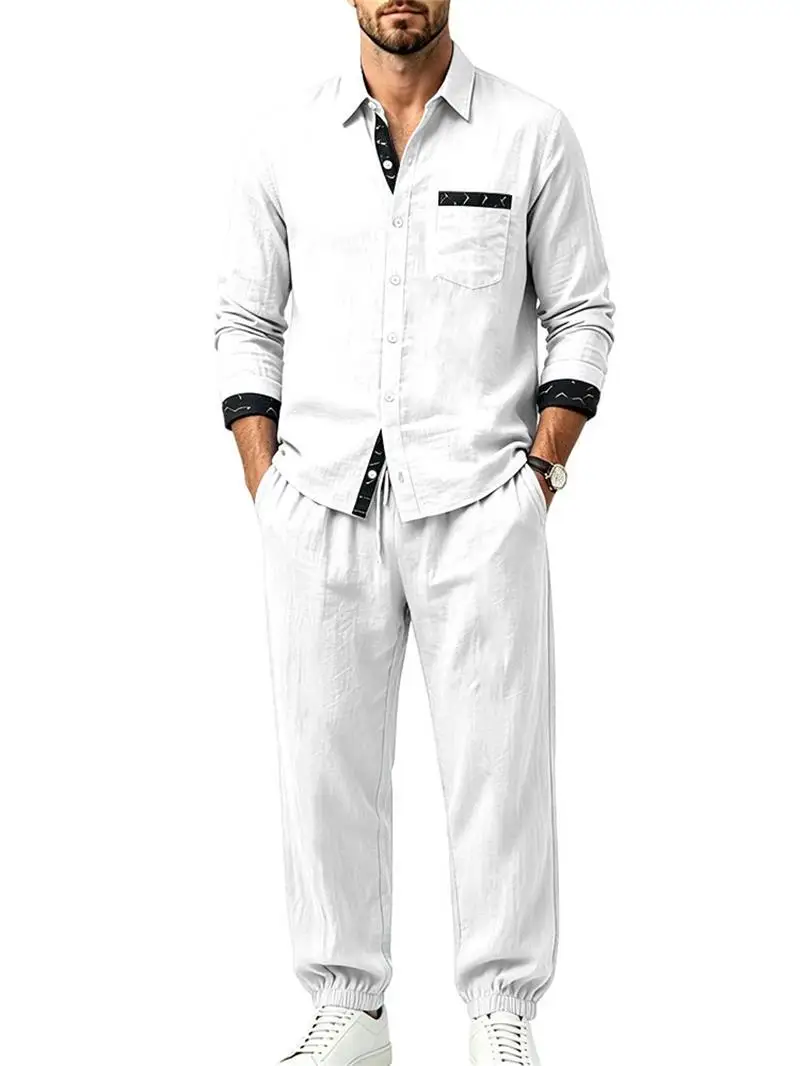 New linen print men's two-piece set, lapel pocket long sleeved shirt, elastic waist long pants, business vacation casual set view 2