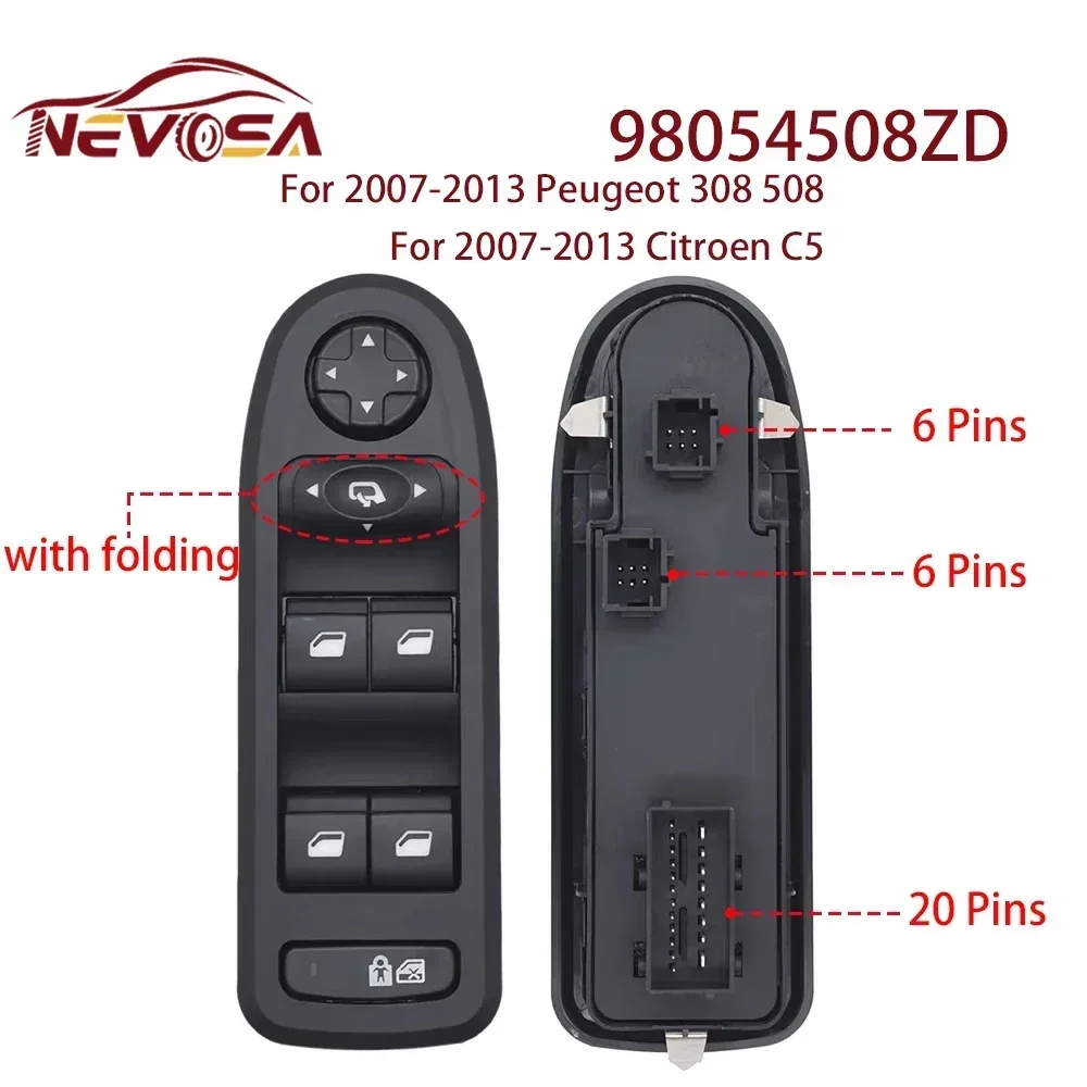 NEVOSA Per il periodo 2007-2013 Peugeot 308 508 208 Peugeot 2008 Citroen C5 Interruttore di comando finestra 98054508 ZD 96659465 ZD 98053439 96749624 ZD