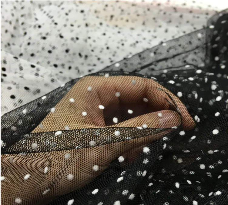 150cmx90cm White Flocked Polka Dots Black Mesh Tulle Fabric High Quality Bridal Dress Wedding Decoration Puff Skirt Net Fabric