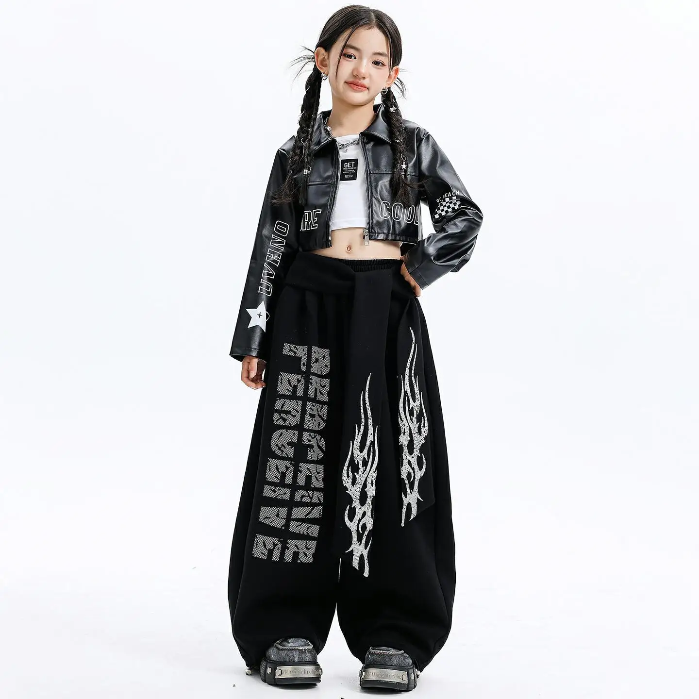 

Kid Kpop Hip Hop Clothing Black Faux Leather Crop Jacket Top Casual Flame Print Sweat Pants for Girl Dance Wear Costume Clothes