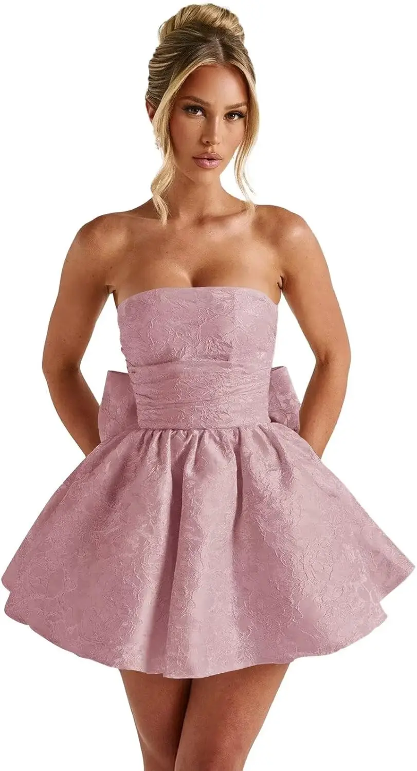 

Атласное жаккардовое мини-платье без бретелек для подростков, коктейльное платье трапециевидной формы для выпускного вечера, короткий стиль 2025 г.