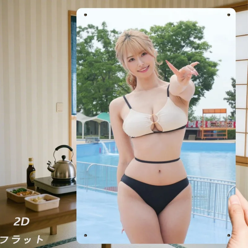 

2D Flat, 1pc Vintage Japanese Anime Metal Wall Art Sign - Retro 2D Flat Poolside Bikini Woman Poster - Heavy-Duty Iron Construct