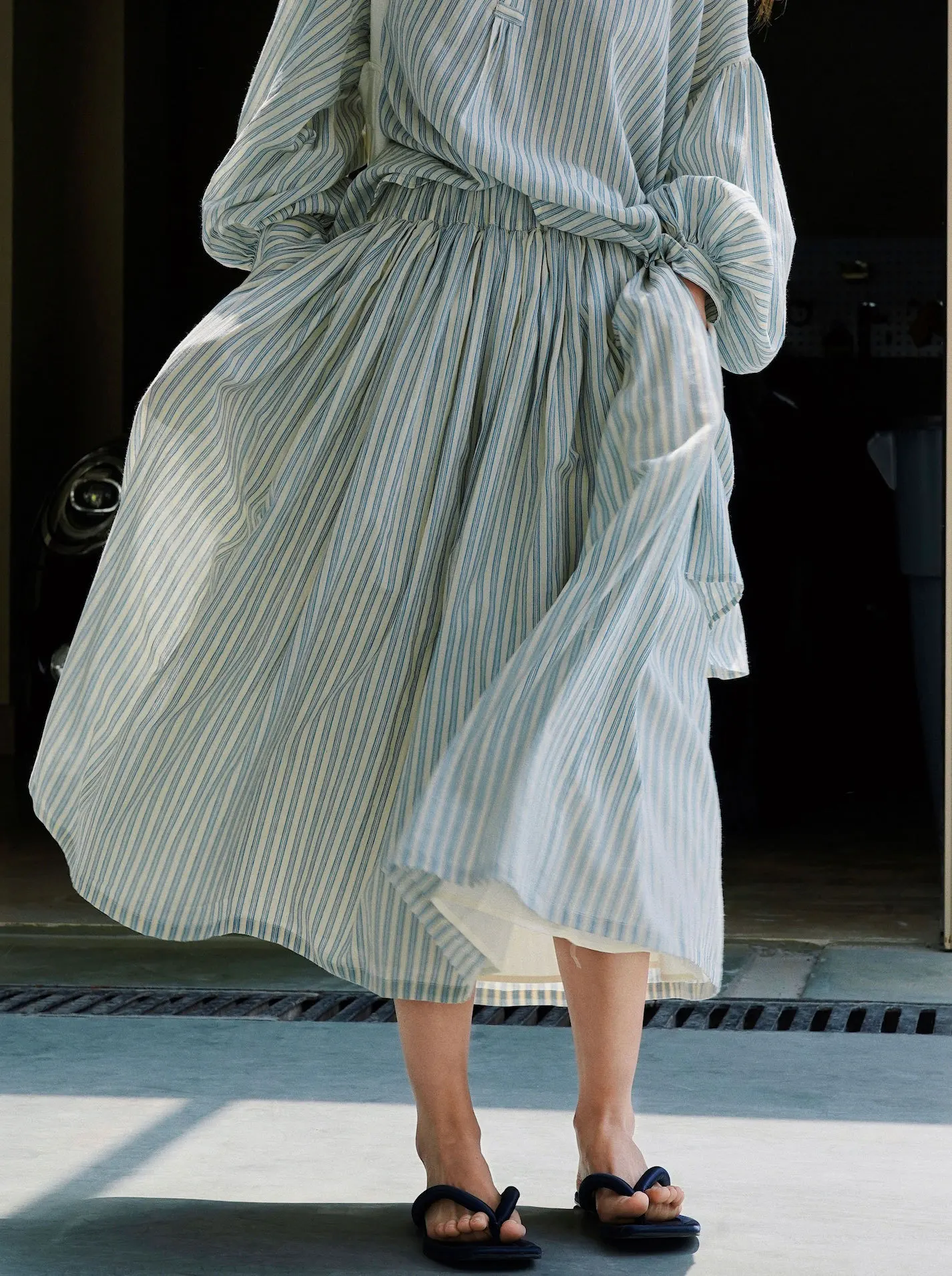 

High-waist Long Skirts Women Fashion 2023 Summer New Cotton Blue and White Stripes Loose A-line Skirt