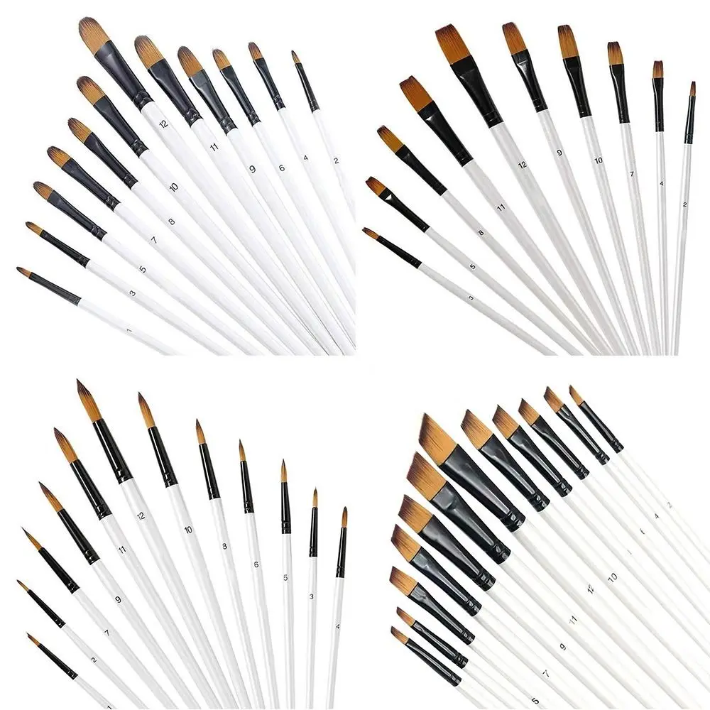 12Pcs Nylon Watercolor Brush Set Soft Hair Beginner's Art Hand Drawn Watercolor Pointed Round Flat Head Artists Painting Brushes