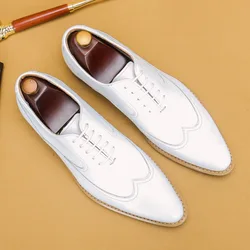 HNXC Luxury Men Oxford Shoes Lace Up Pointed Toe White Men Dress Shoes Genuine Leather Real Leather Brogue Shoes For Men