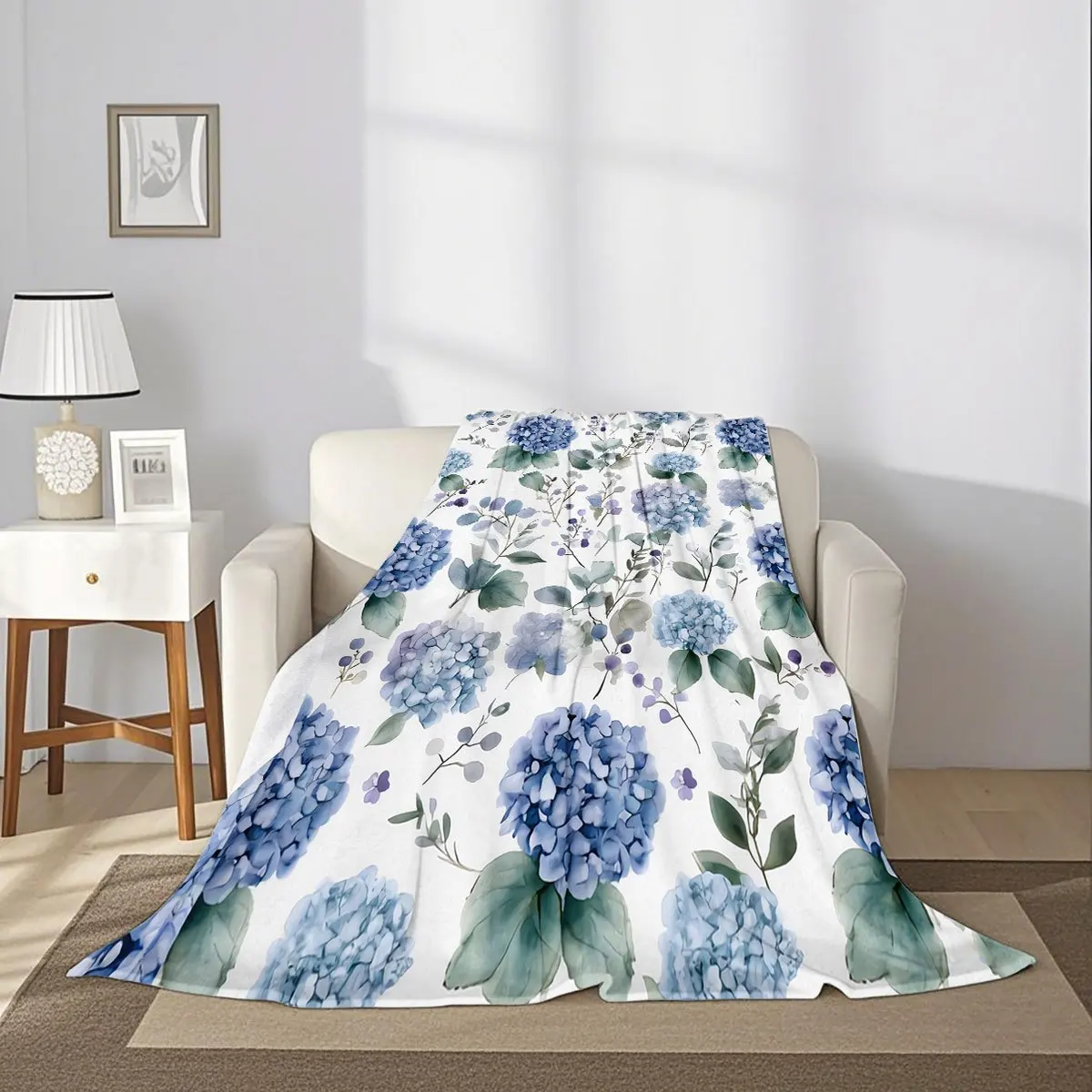 Watercolor Blue Hydrangea Green Leaf White Background Print Flannel Blanket For Sofa Bedroom Fresh Soft Home Warm Decoration