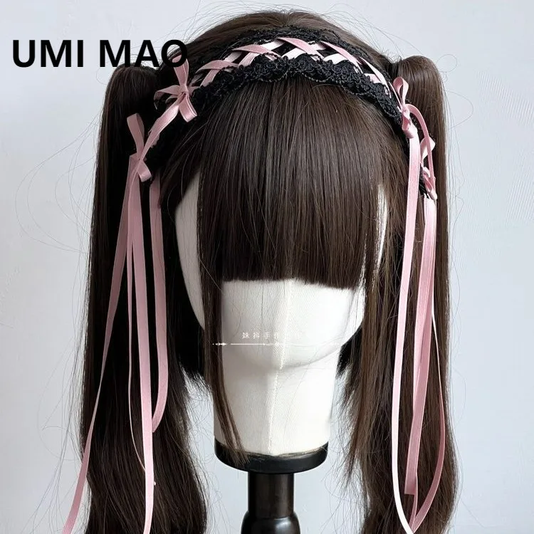 

UMI MAO Original Handmade Headband Gothic Lolita Multi-color Basic Style Black Lace Lolita Bow Hairband Femme Y2K Fur