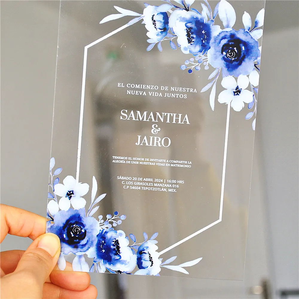 Transparent PVC Wedding Invitation Card with Royal Blue Flower, Personalized Printed, Customized, 0.5mm Thickness, 10Pcs view 5