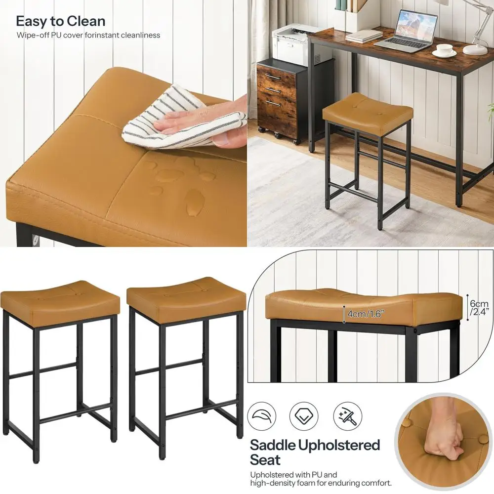 

Counter Height Saddle Bar Stools with PU Upholstery, Brown & Black, for Kitchen, Dining Room, Cafe