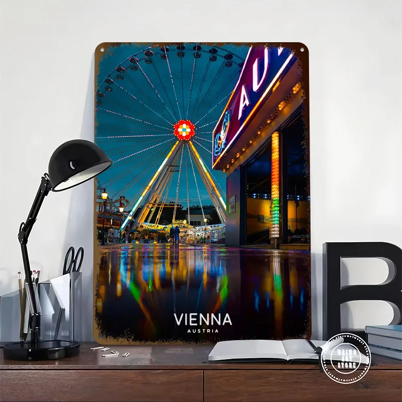 Vienna Austria: Ferris Wheel At Night Metal Poster Custom Wall Art Retro Vintage Tinplate Signs for Man Cave Decoration Home