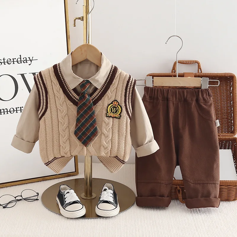 Autumn Preppy Style Kid Boys 3PCS Clothes Set Cotton Tie Collar Shirts Knitted Sticker Vest Solid Pants Suit Toddler Boys Outfit