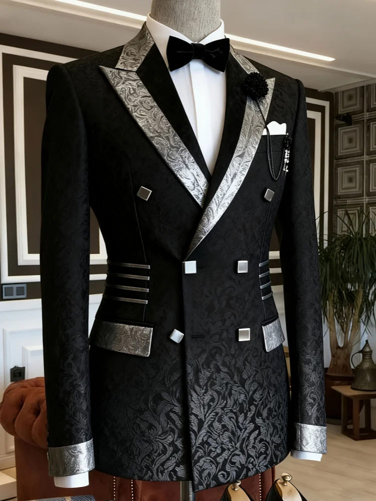 Men Slim‑Fit Jacquard Blazer with Contrast Peak‑Lapel for Wedding Prom Evening Events