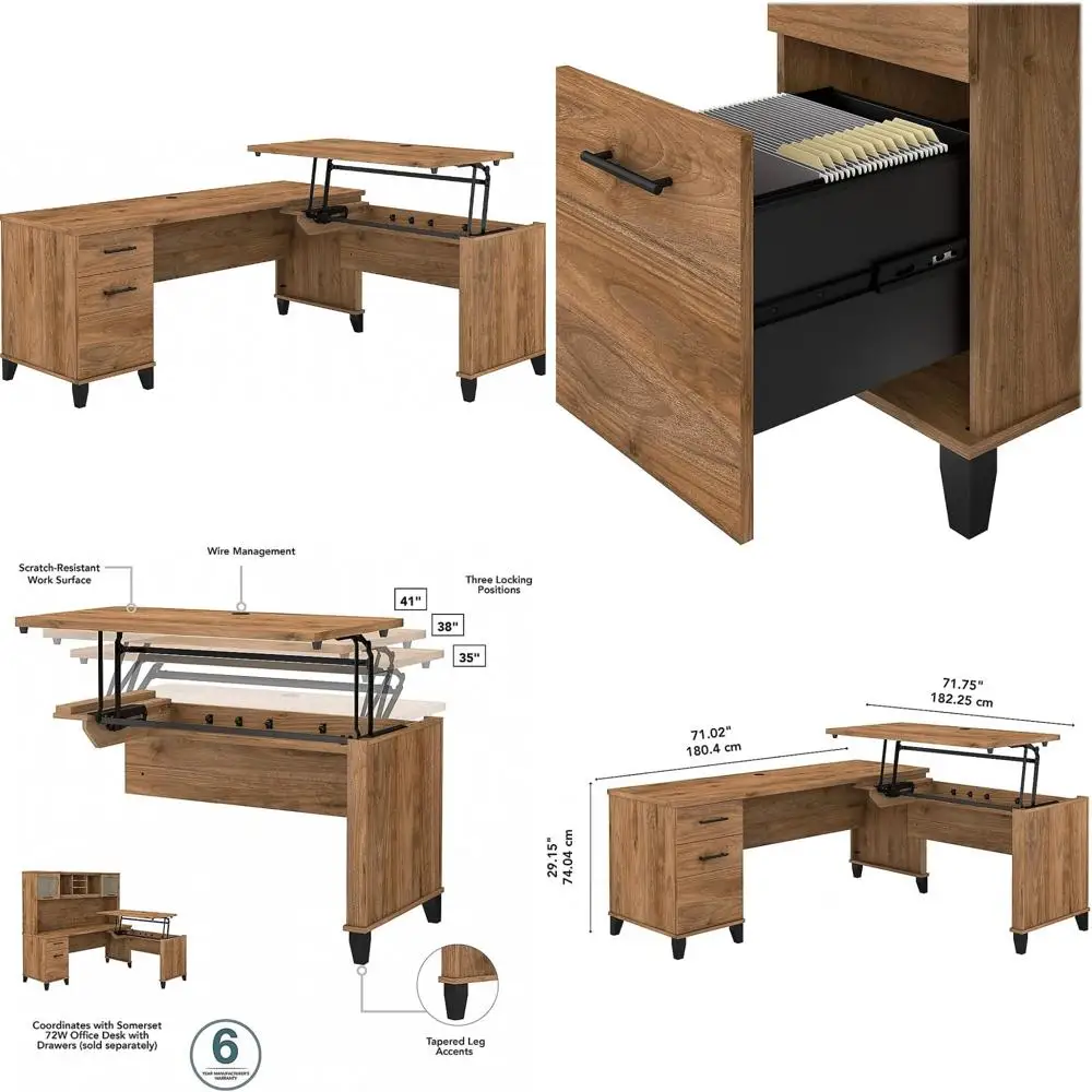 

72 Sit-Stand Adjustable L-Shaped Desk in Fresh Walnut, Ergonomic Corner Computer Desk