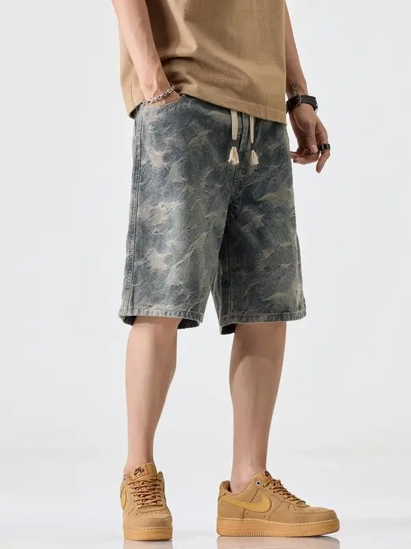 

Summer New Men's Loose Straight Leg Thin Denim Shorts Drawstring Casual Camouflage Five-Quarter Cotton Elastic Waist Jeans
