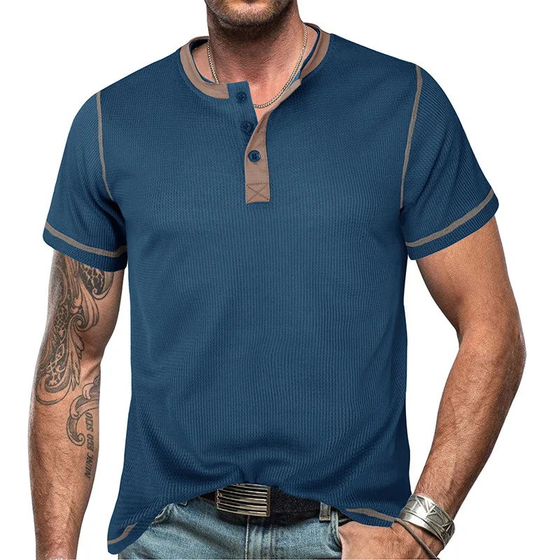 

Summer Men's Short Sleeve Henley Shirt European and American Mens Retro T-shirt Breathable Tops
