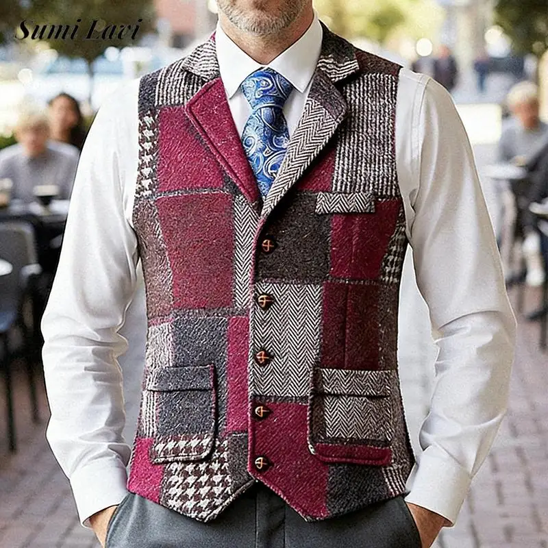 

Ретро клетчатый шерстяной жилет контрастного цвета для мужчин, весенне-осенний повседневный тонкий жилет без рукавов, мужской винтажный кардиган, топы