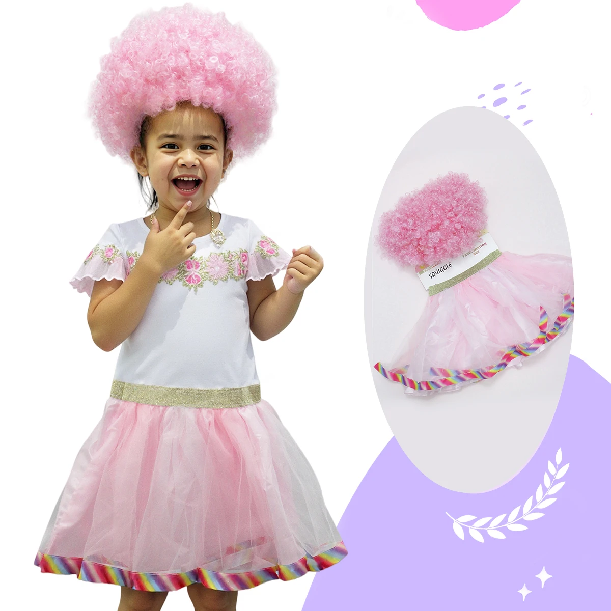 

Pink Afro Wig Set for Kids, Cute Rainbow-Trimmed Pink Tulle Dress Outfit, Daily & Casual Sweet Style