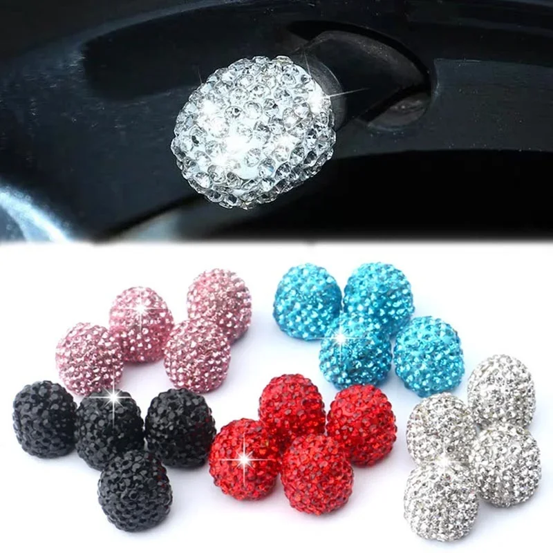 4pcs Crystal Car Tire Valve Caps Bling Rhinestone Universal Car Tire Valve Caps Diamond Shining Dustproof Caps Car Accessories