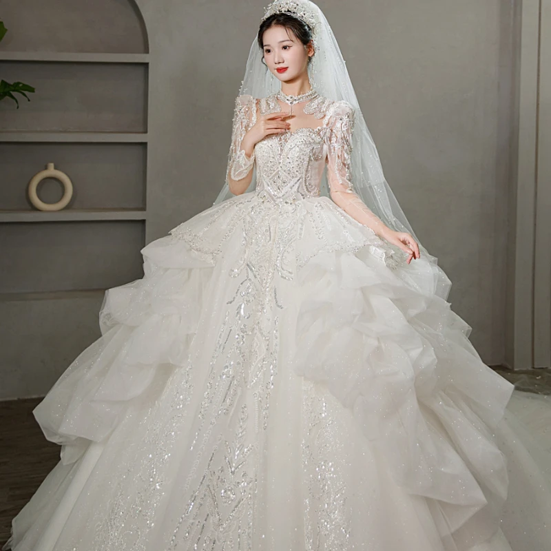 Wedding Bride's New Long Sleeve High Texture French Palace Style Princess Main Yarn Wedding Dress Blingbling Wedding Dress