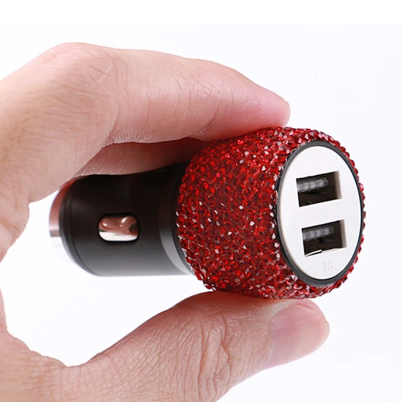 Pengisi daya mobil USB Bling baru 5V 2,1 A adaptor Cepat Port ganda dekorasi mobil warna merah muda Aksesori Interior mobil berlian untuk wanita