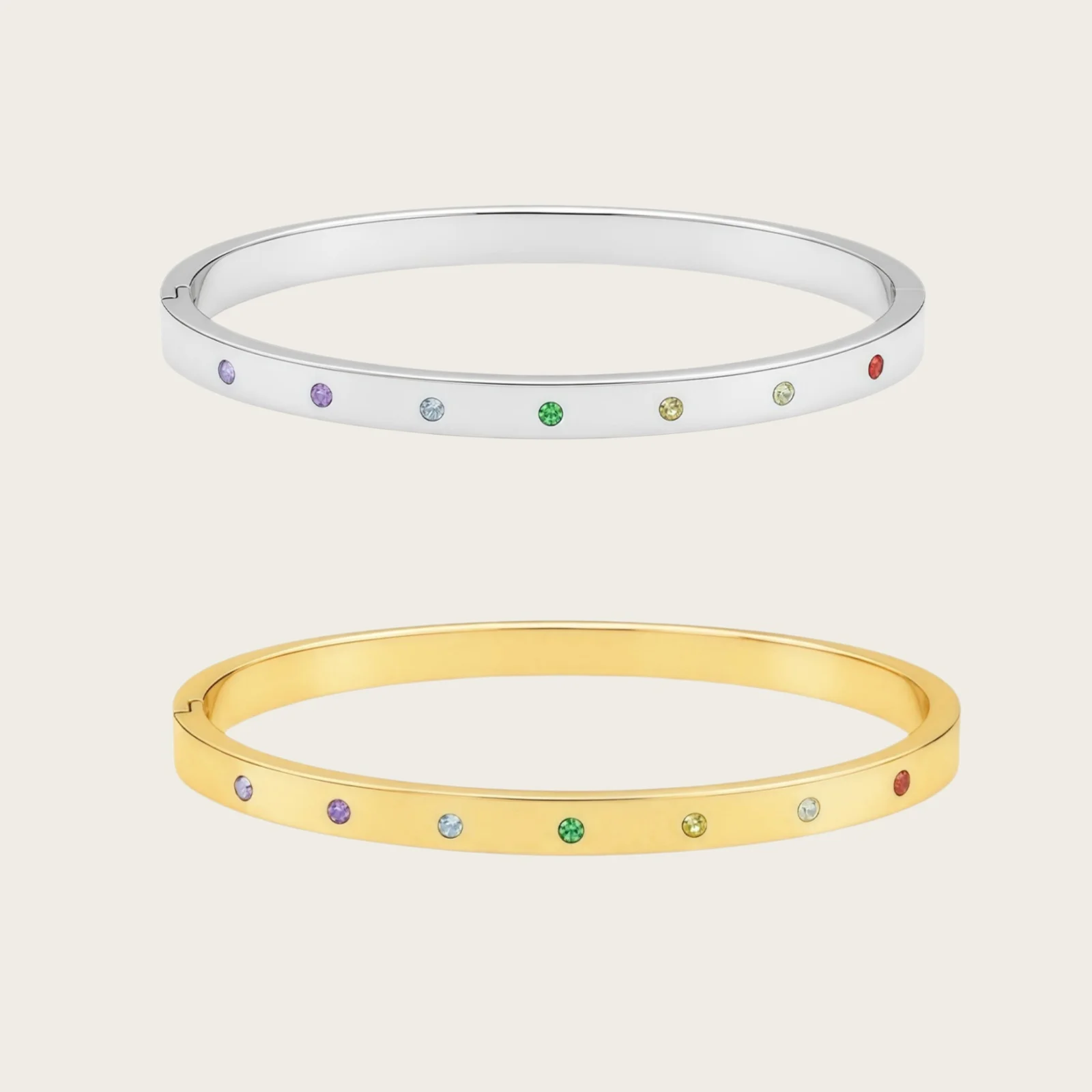 Chamica Stainless Steel Oval Bangle for Women Waterproof Stackable Bracelet with 7 Colorful CZ Stones Classic Fashion Jewelry