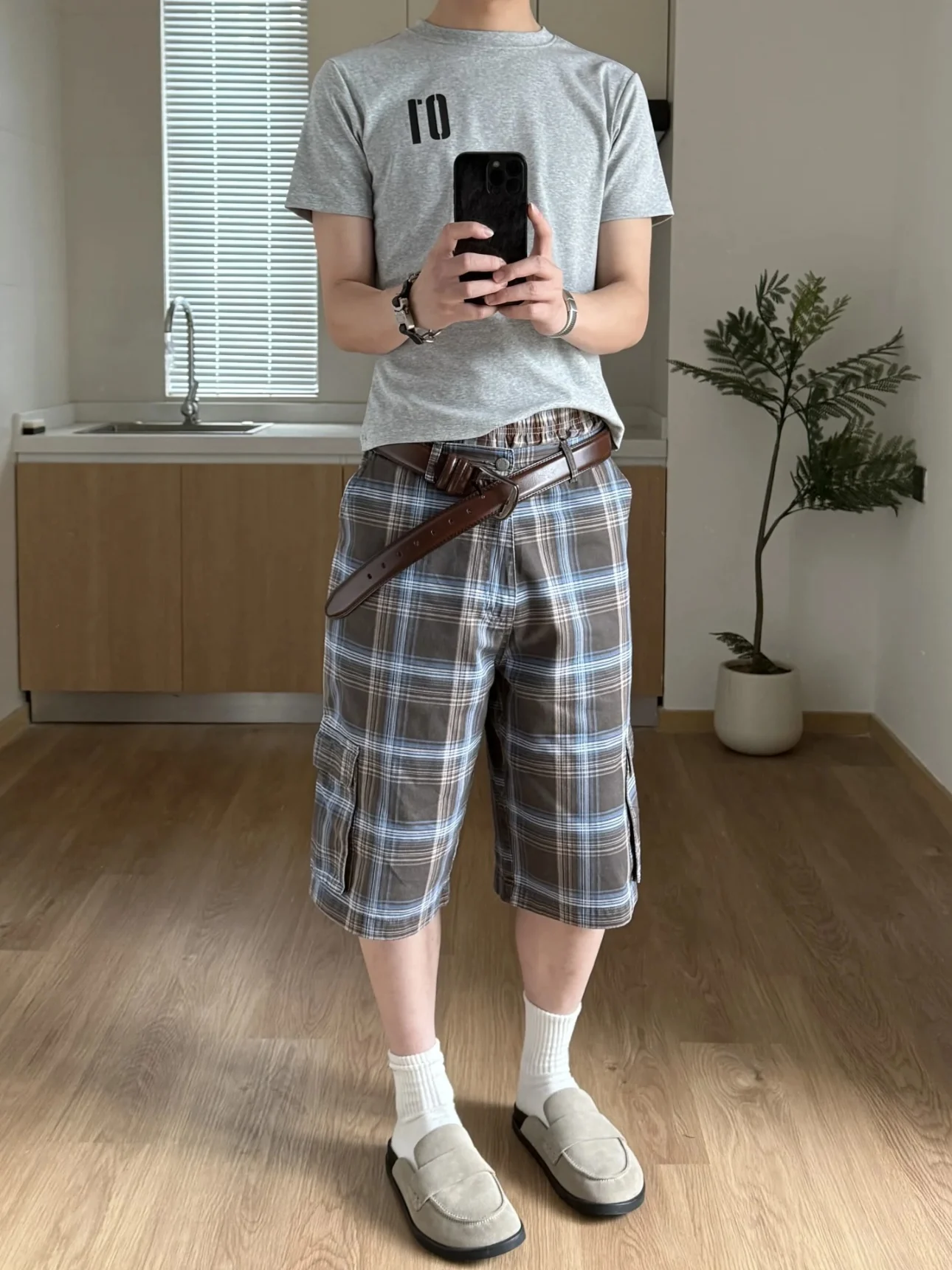 

American Retro Plaid Straight Leg Seven-Foot Pants ex Summer Color Colion Pattern Matching Loose Casual Knee-High orts