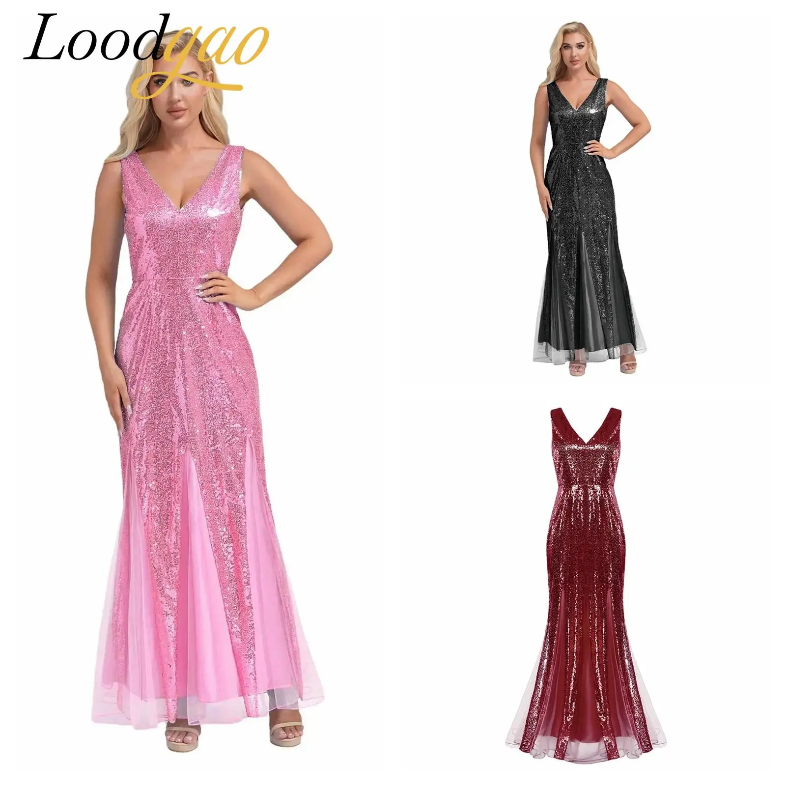 Women Sparkly Sequins Dress High Waist Vestido De Fiesta V-neck Banquet Ball Wedding Pageant Evening Prom Gown Vestido Feminino