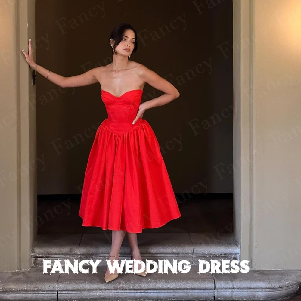 

Fancy Sexy Sweetheart Red Evening Dress Saudi Arabia Sleeveless A Line Elastic Satin Prom Gown Tea Length robes de soirée