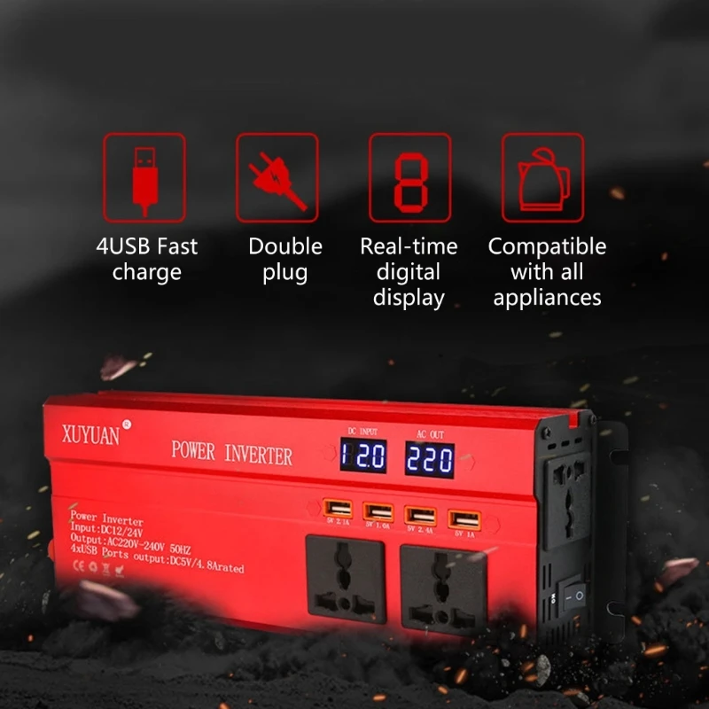 

Car Power Inverter 12V 24V to 220V for Vehicles Converter 4 USB Fast Charging Ports Car 600W/1200W/2000W