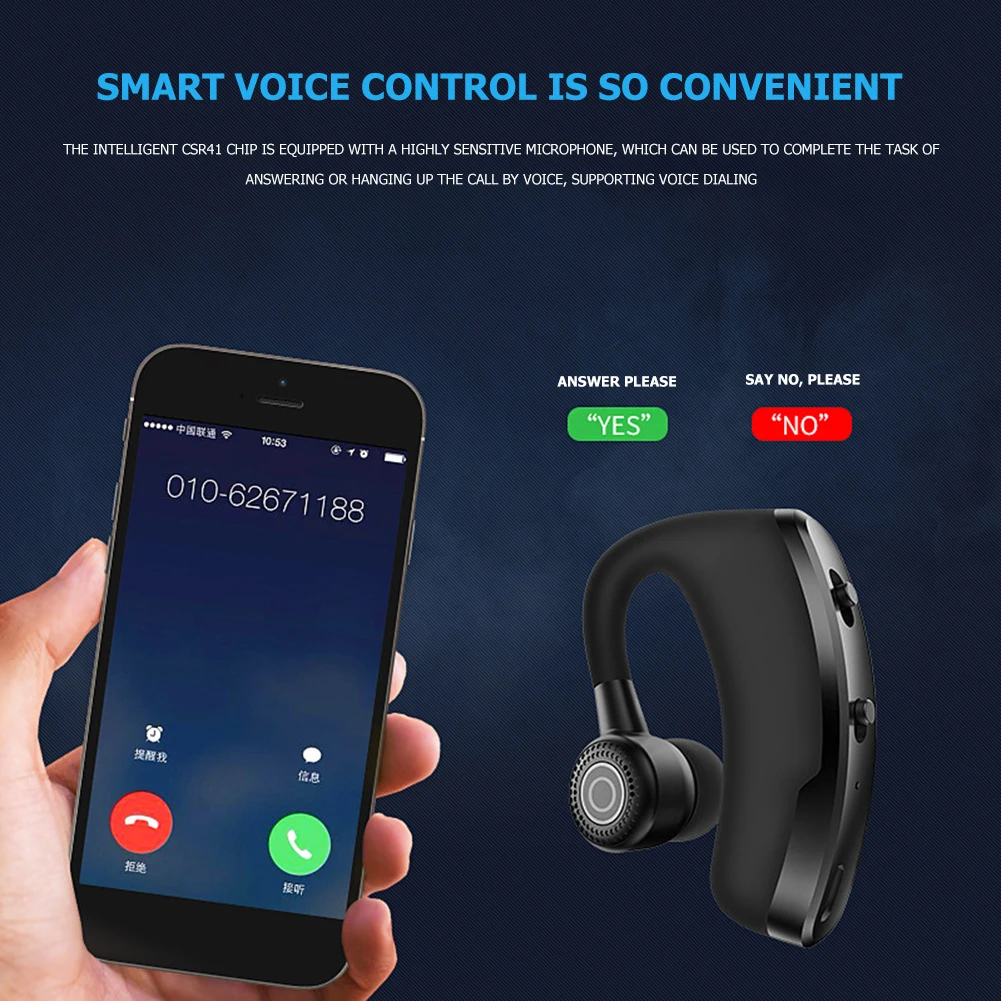 V9 Bluetooth Headset Wireless Hands Free Earphone with Mic for Driver Trucker