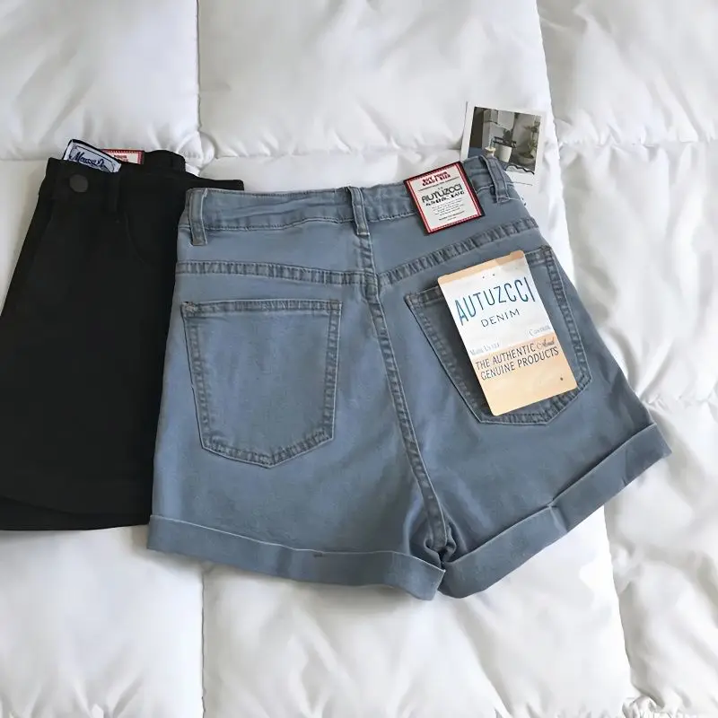 2025 Female Summer Internet Celebrity Versatile Rolled Edge Elastic High Waist Light Colored Tight Denim Shorts