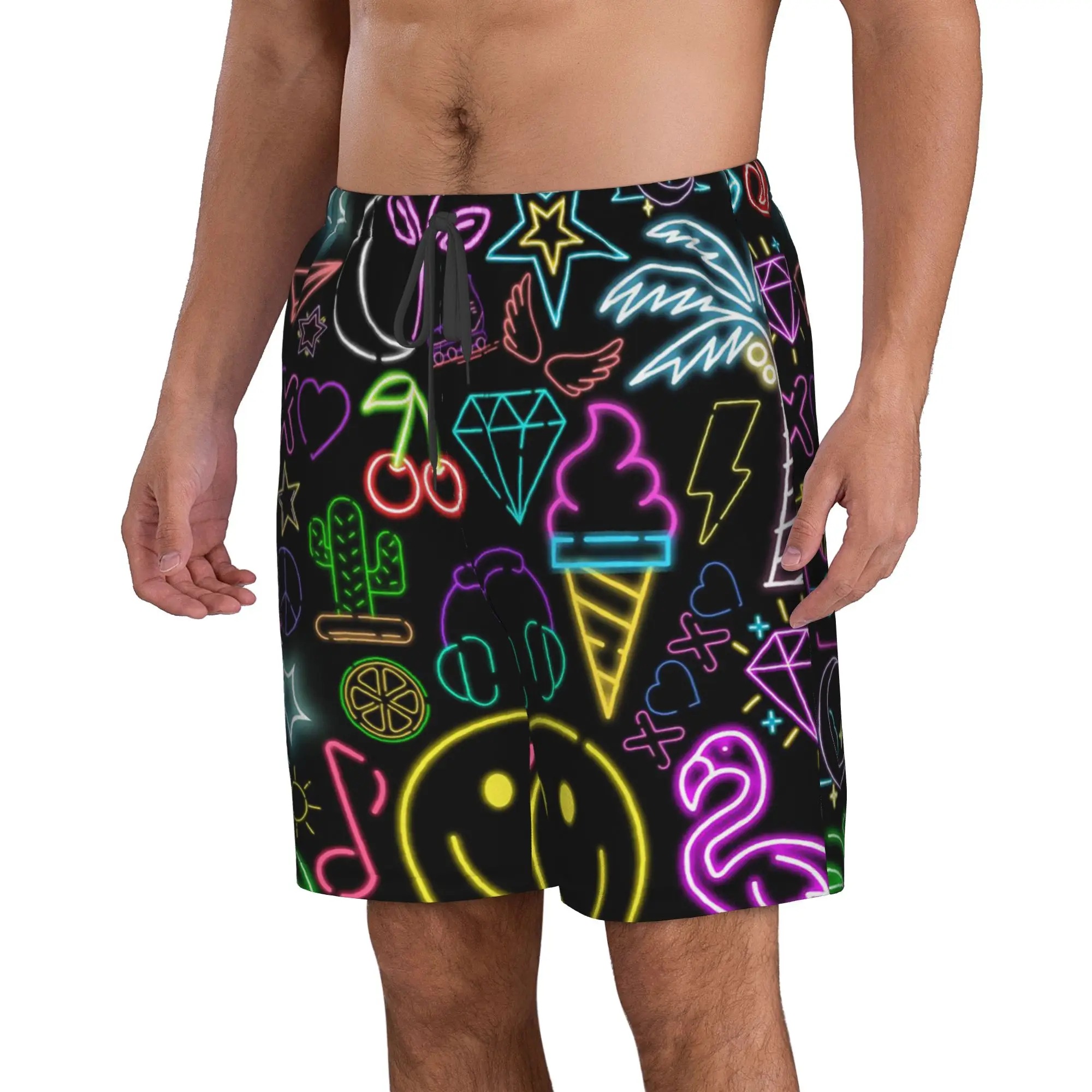 Neon Colorful Graffiti Tropical Elements Trunks Beach Board Shorts Casual Quick Dry Swim Summer Men Pants