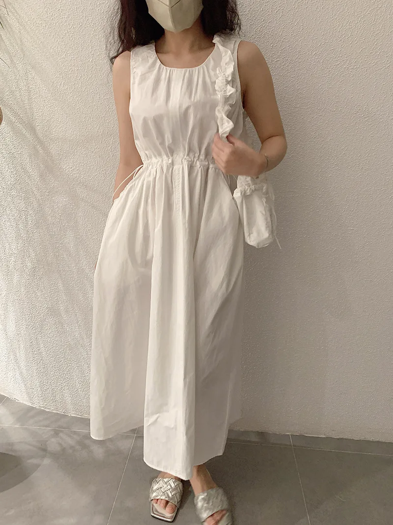 Korean Style Elegant Dress Women Summer New O-Neck Sleeveless Gift Bag Long Dresses Fashion Niche With Pocket Sundress