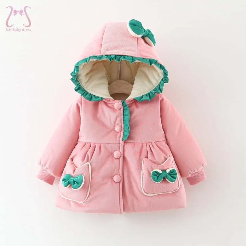 Baby Winter Coat Solid Color Bow Cotton Clothes Warm Windproof Hooded Toddler Children Jacket For Girls 0 To 4 Y Kids Costume