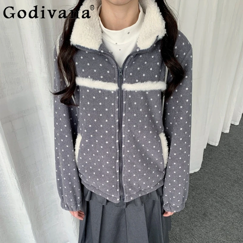 

Winter Cute Polka Dot Lolita Coat for Women Japanese Style Warm Lightweight Versatile Top Female Long Sleeve Loose Jackets