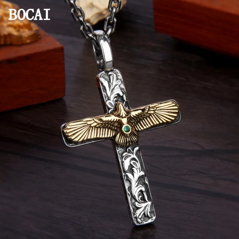 

BOCAI New S925 Sterling Silver Retro Golden Eagle Set with Green Zircon Snap Open Tang Grass Pattern Cross Pendant Without Chain