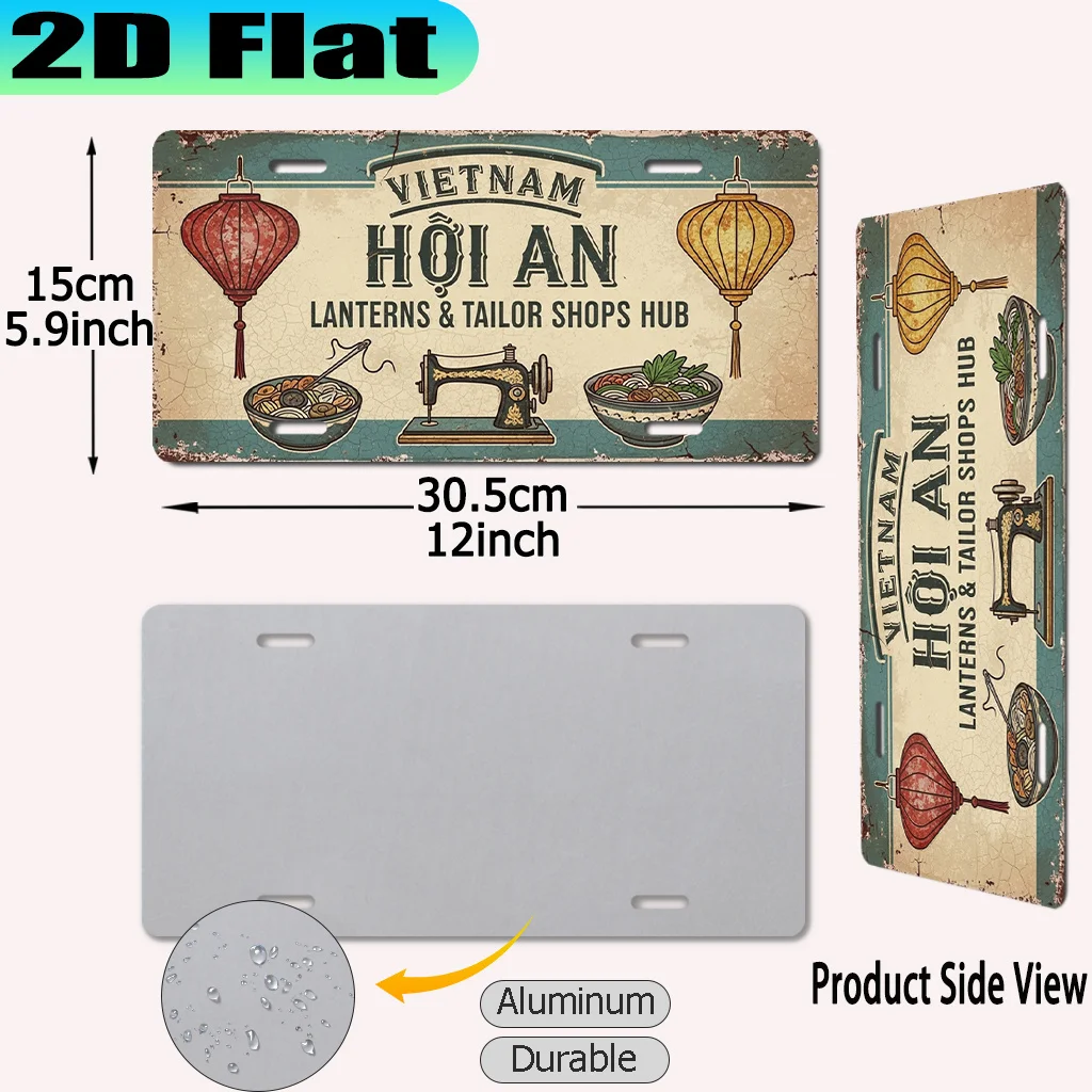 2D Flat, [2D Flat] 1pc Hoi An Vietnam Lanterns & Tailor Shops Vintage Aluminum Sign - 30.48x15.24 cm Southeast Asian Wall Decor