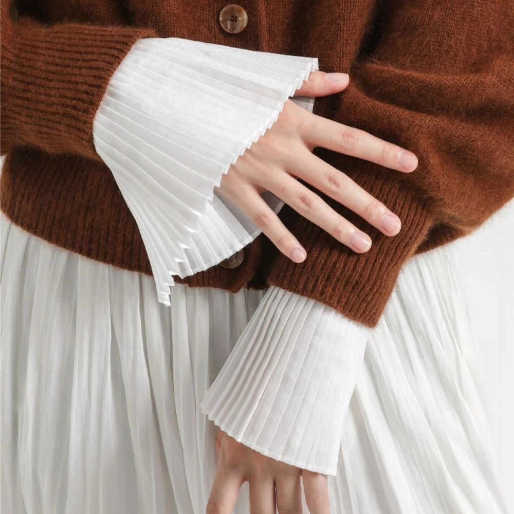 

Woman Pearl Button Oversleeve Ruffles Pleated Fake Sleeves Cuffs Chiffon Hand Wrist Wristband False Cuffs Fake Flared Sleeves