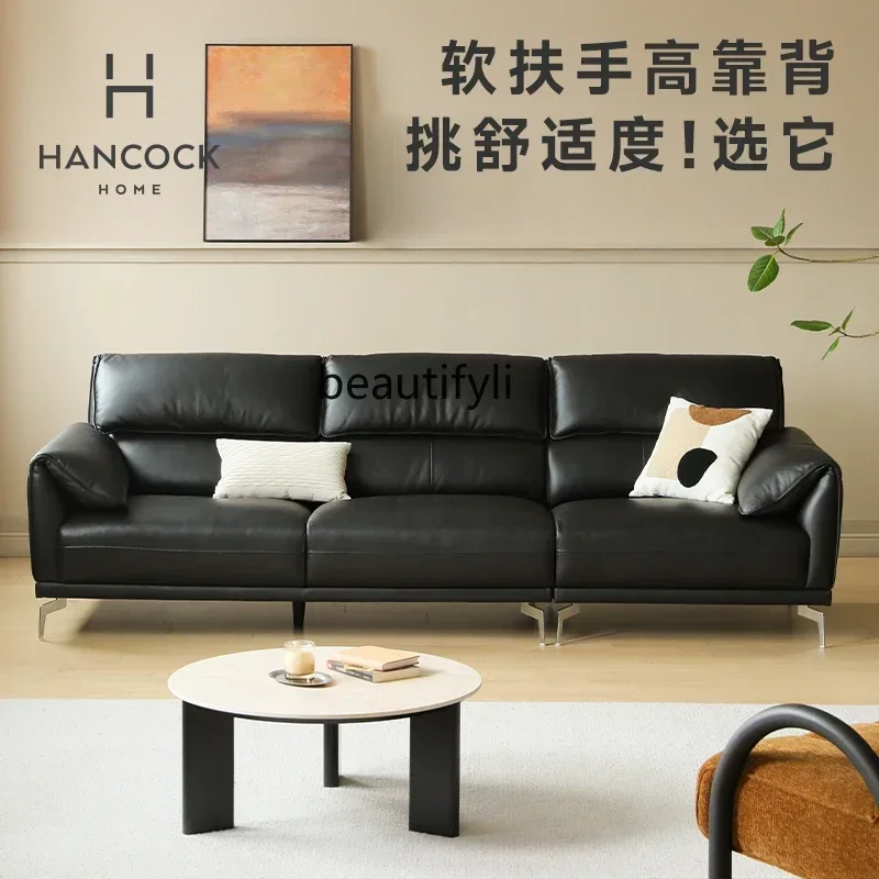 

NQ Leather sofa black first layer cowhide retro light luxury living room three-person straight row sofa