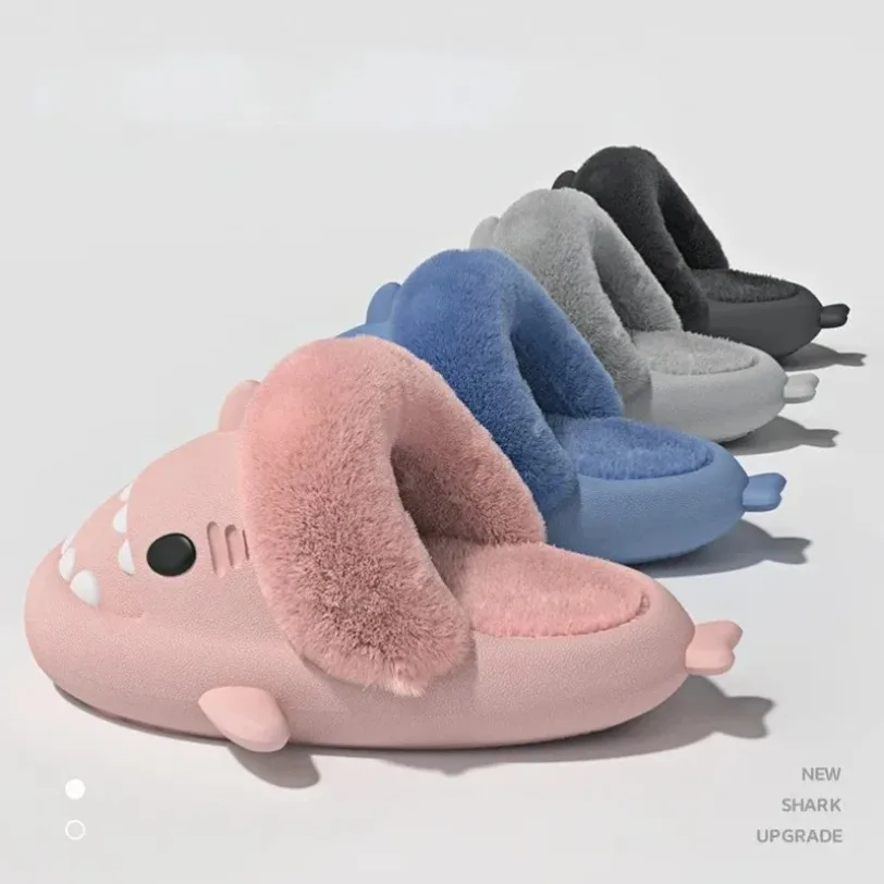 Women Shark Slippers Slides Platform Winter Warm Fluffy Sandal Home Cloud Clapper Soft Room Shoes Children Plush indoor 2024 New